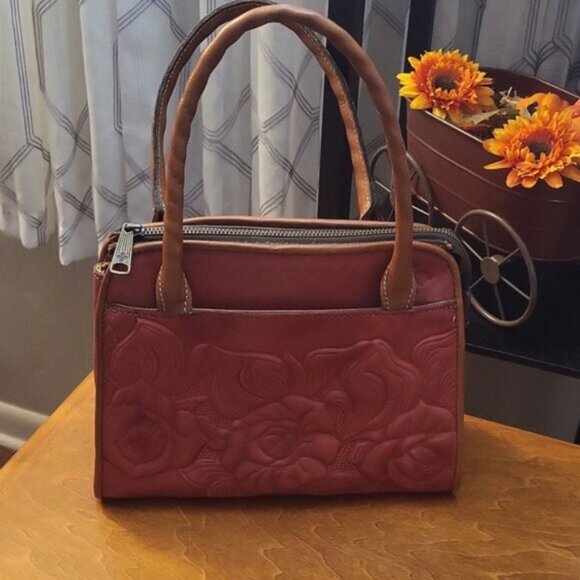 Hand Painted Floral Leather Bag Purse Vintage Zip Top Satchel - Picture 3 of 16